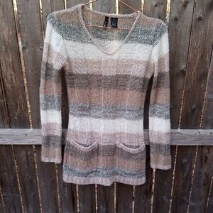 Ultra Flirt Knit Striped V Neck Long Sleeve Sweater Top Pockets